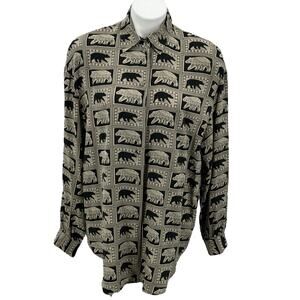 Ishyu VTG Novelty Bear Print Blouse Women's 100% Silk Tops SZ 12 Allover Bold